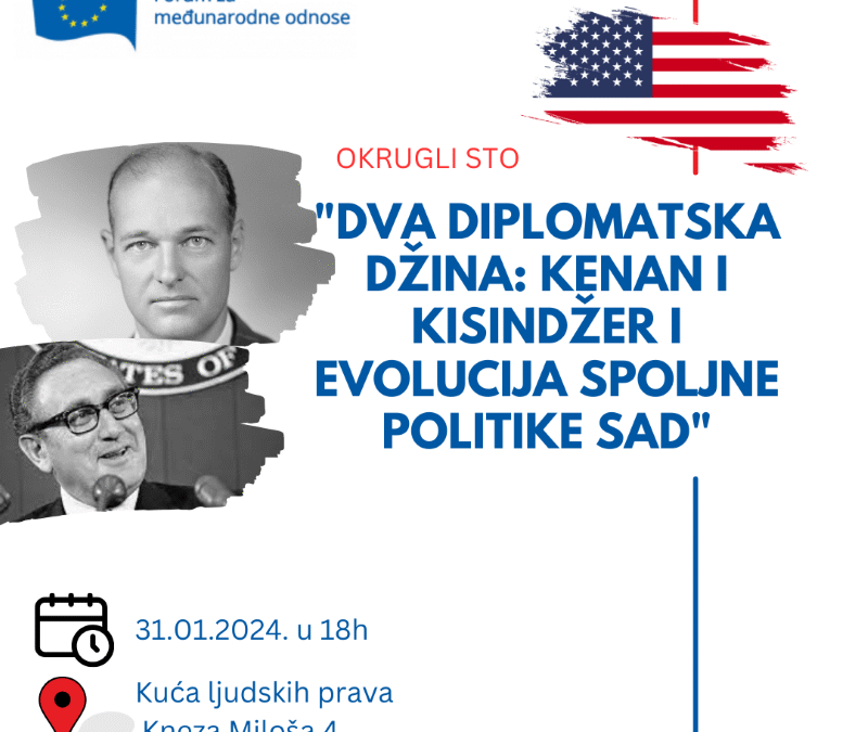 POZIV na okrugli sto ,,Dva diplomatska džina: Kenan i Kisindžer i evolucija spoljne politike SAD” – 31. januar 2024. godine,  Kneza Miloša 4, sa početkom u 18h